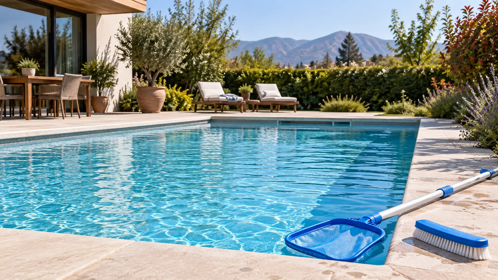 Piscina limpia con implementos genéricos de mantención