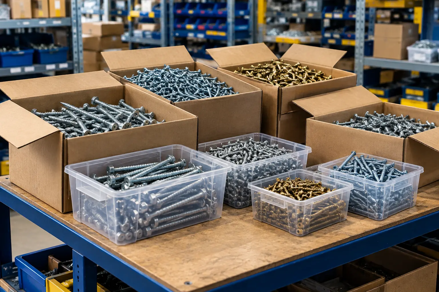 Imagen referencial de cajas y contenedores con tornillos para cotización